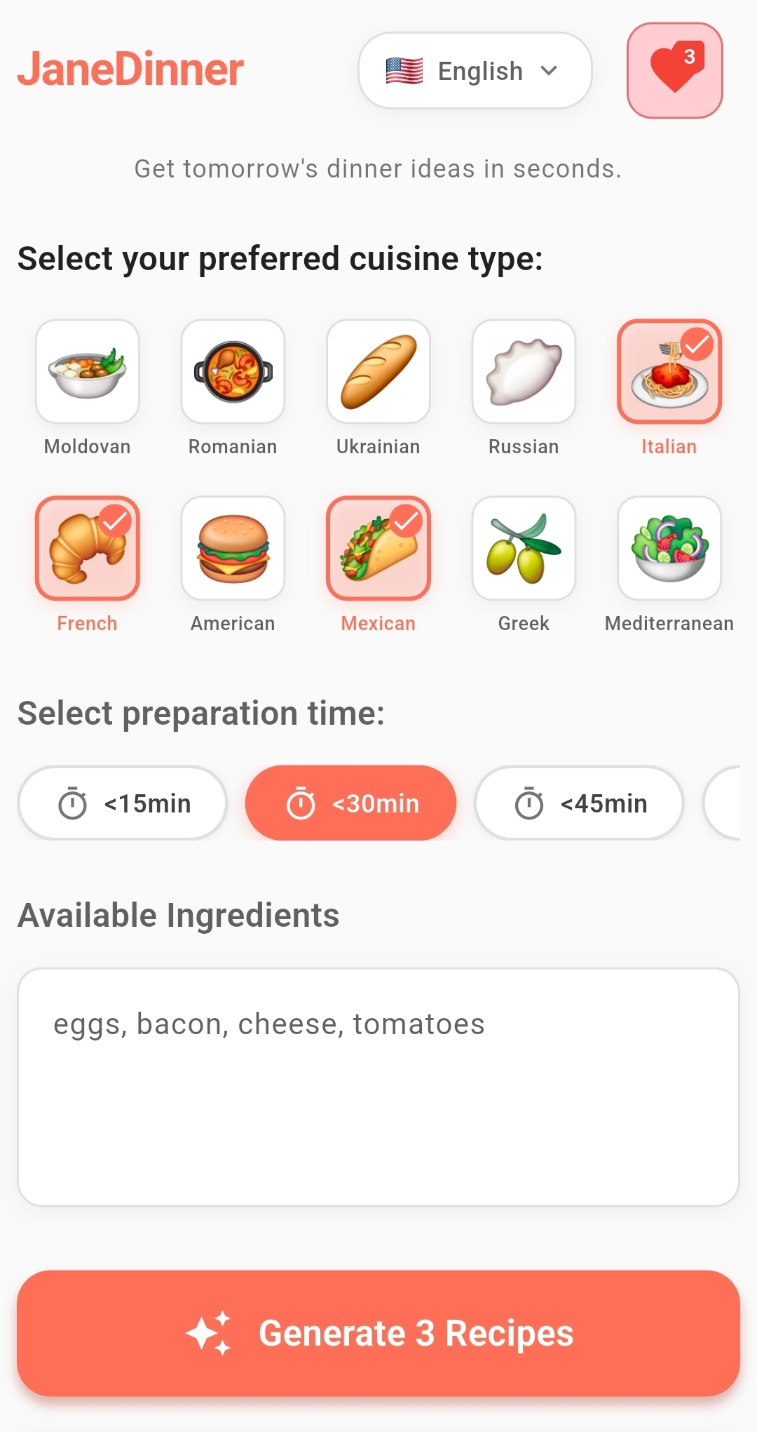 JaneDinner app screenshot